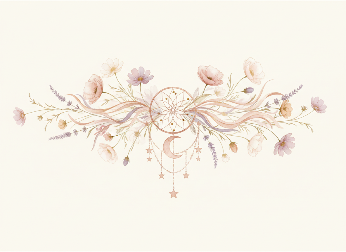 A wide horizontal decorative divider banner with dreamcatcher, crescent moon, stars, and soft watercolor wildflowers — poppies, cosmos, lavender sprigs — in rose gold and warm gold tones on a transparent or very light cream background. Delicate, ethereal, boho style. Wide landscape format suitable for a website header.