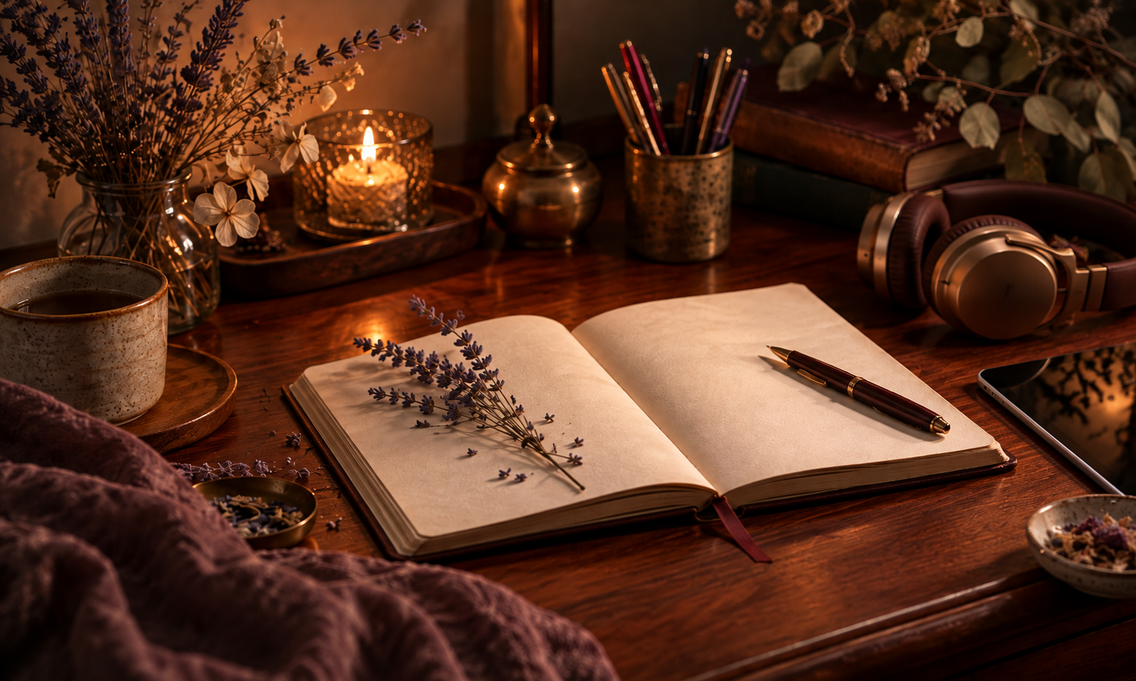 A candlelit mahogany writing desk with an open journal, lavender, colorful pens, headphones and a tablet.